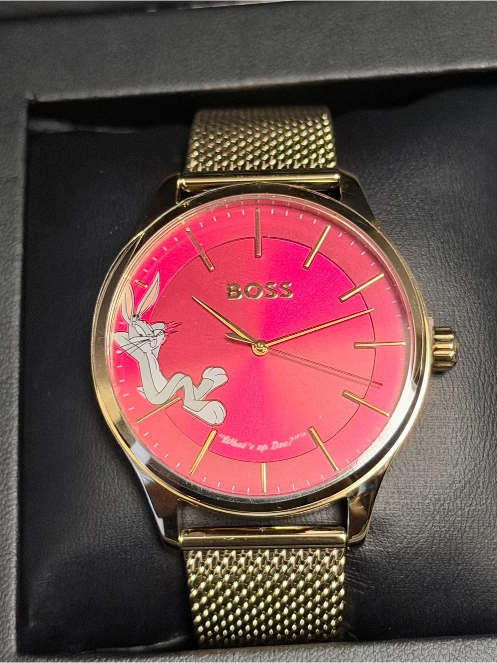 Boss Women's Gold Mesh Watch with Fuchsia Pink Dial